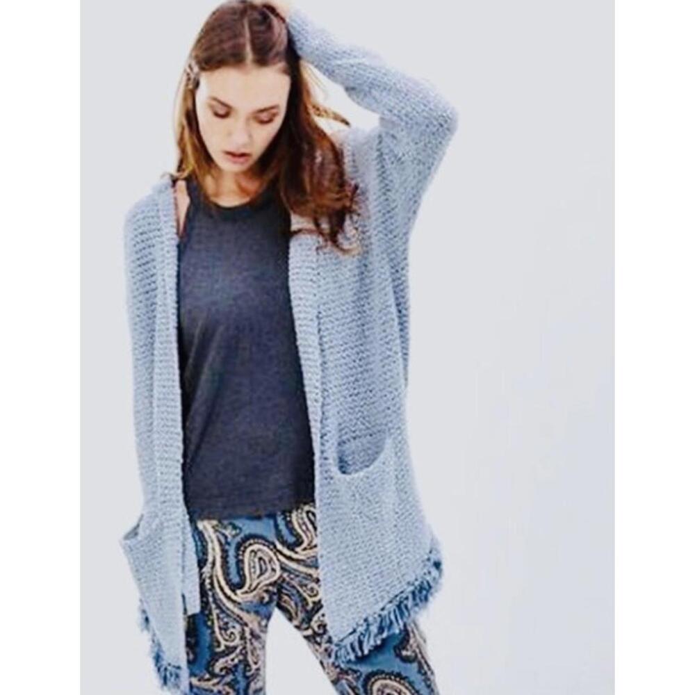 Free People Love Me Tender Marled Blue Hooded Fringe Cardigan - Size - Small
